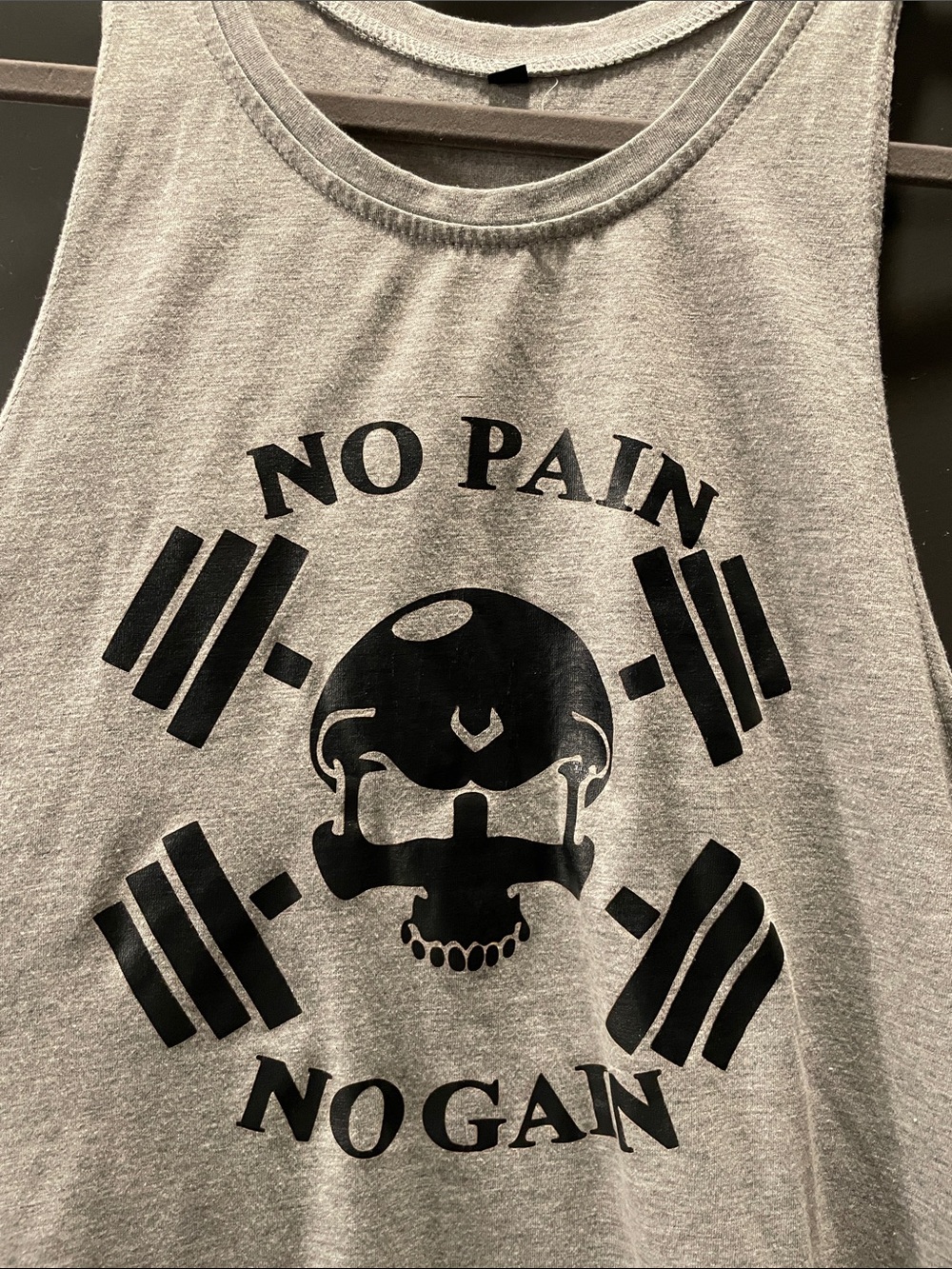 No Pain No Gain Gray Muscle Tank with Skull & Barbell Graphic